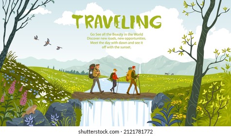 Characters people travel on the amazing nature. Vector illustration hiking and climbing team