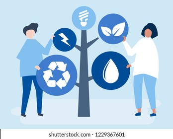Caracteres de las personas y un árbol de iconos medioambientales ilustración