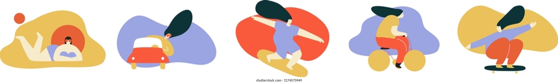 Characters people vector illustration. Woman on bike, car, surf, beach, skate. People performing spring, summer outdoor activities. Simple art