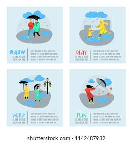 Characters People Walking in the Rain Poster, Banner. Cartoons in Raincoats with Umbrella. Autumn Rainy Weather, Fall Season. Vector illustration