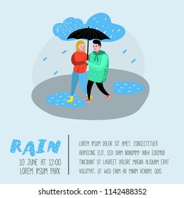 Characters People Walking in the Rain Poster, Banner. Cartoons in Raincoats with Umbrella. Autumn Rainy Weather, Fall Season. Vector illustration