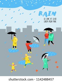 Characters People Walking in the Rain Poster, Banner. Cartoons in Raincoats with Umbrella. Autumn Rainy Weather, Fall Season. Vector illustration