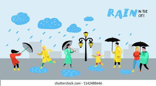Characters People Walking in the Rain Poster, Banner. Cartoons in Raincoats with Umbrella. Autumn Rainy Weather, Fall Season. Vector illustration