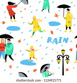 Characters People Walking in the Rain Seamless Pattern. Cartoons in Raincoats with Umbrella. Autumn Rainy Weather, Fall Season. Vector illustration