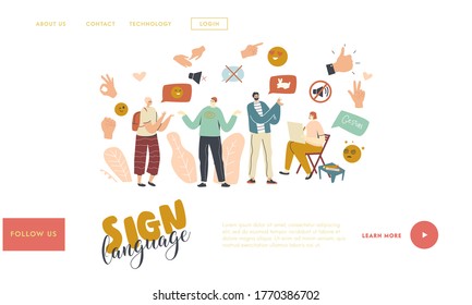 Characters Perform Hand Gestures Landing Page Template. Communication Language with no Sounds, Counting Fingers, Gesture Palm, Pointing Hand, Posing and Gesturing People. Linear Vector Illustration