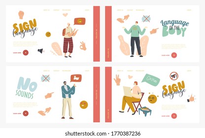 Characters Perform Hand Gestures Landing Page Template Set. Communication Language with no Sounds, Counting Fingers, Gesture Palm Pointing Hand, Posing and Gesturing People. Linear Vector Illustration