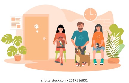 Personagens com animais de estimação estão esperando a consulta de seu veterinário.