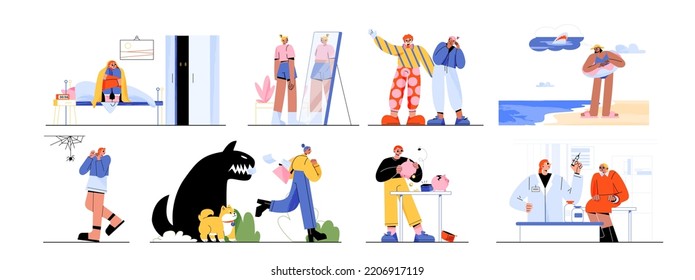 Characters with phobias arachnophobia, coulrophobia, agoraphobia, trypanophobia. Slim woman see fat reflection in mirror, girl scared of sharks in sea, people mental probnlems Line art flat vector set