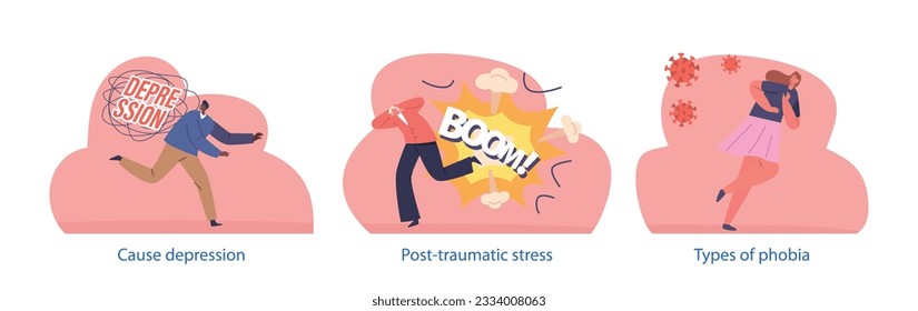 Caracteres Con Fobias De Depresión, Explosión Y Virus. Los Temores Intensos E Irracionales Incluyen El Trastorno De Ansiedad Social