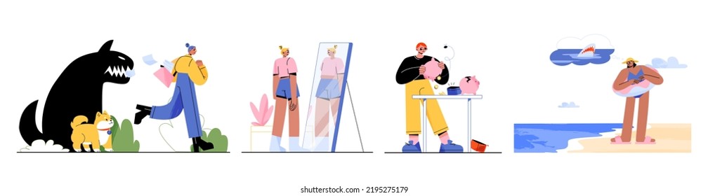 Characters with phobias, man with cynophobia run away from little dog, slim woman see fat reflection in mirror, guy counting coins in piggy bank, woman scared of sharks in sea Line art flat vector