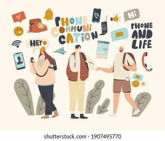 Concepto de comunicación telefónica de caracteres. Hombres y mujeres jóvenes con teléfonos celulares o smartphones, chats para adolescentes, mensajes de texto, lectura de noticias en medios sociales. Ilustración de vectores de personas de caricatura
