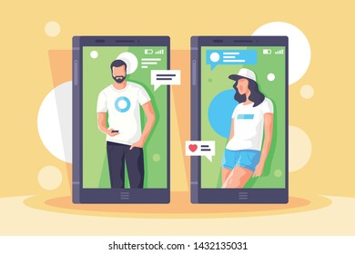 Characters in phone screens vector illustration. Boy and girl posing in mobiles and using social network for communication. Young people messaging writing comments likes via online app flat concept