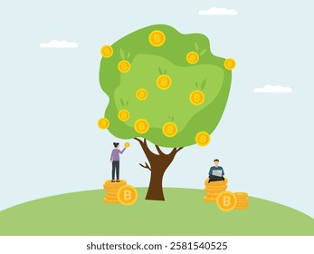 Characters picking bitcoin cryptocurrency from money tree and working on laptop. Bitcoin investment and profit concept.
