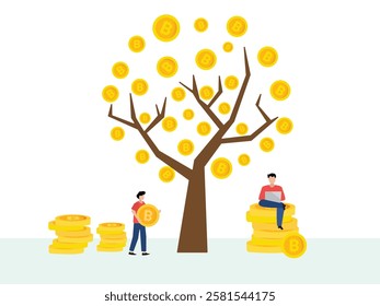 Characters picking bitcoin cryptocurrency from money tree and working on laptop. Bitcoin investment and profit concept.