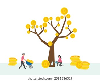 Characters picking bitcoin and watering cryptocurrency green tree with many bitcoins coins. Bitcoin investment and profit concept.