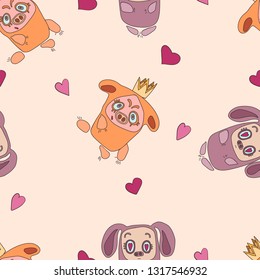 Characters pigs. Seamless pattern.Red character with a patch and a crown on his head. Character in love with hearts in the eyes