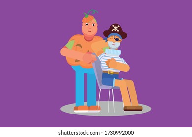 Personajes de un pirata y un niño con traje de calabaza. Tema de Halloween. Simple ilustración vectorial de caracteres, esta ilustración también puede utilizarse como pegatina.