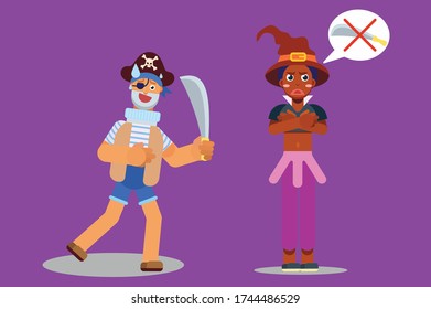 Characters of a pirate got rejected by a witch. Halloween theme. Simple character vector illustration.