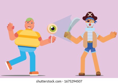 Characters of a pirate hypnotized by a fat boy, Halloween theme. Simple character vector illustration, this illustration can use as a sticker also.