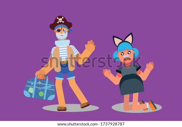 \
Characters of a pirate and a sad girl\
wearing a car costume. Halloween theme. Simple character vector\
illustration, this illustration can use as a sticker\
also.