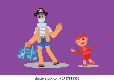Charaktere eines Piraten und eines traurigen kleinen Teufels. Halloween-Thema. Einfache Darstellung von Zeichen, diese Abbildung kann auch als Aufkleber verwendet werden.