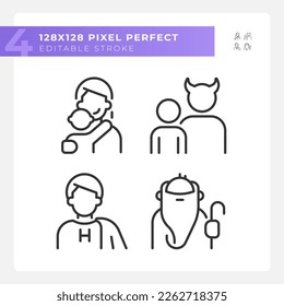 Characters pixel perfect linear icons set. Archetypes. Mother, hero and sage. Personality traits. Psychoanalysis. Customizable thin line symbols. Isolated vector outline illustrations. Editable stroke