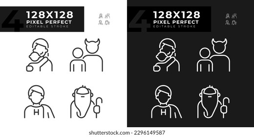 Characters pixel perfect linear icons set for dark, light mode. Archetypes. Mother, hero and sage. Personality traits. Thin line symbols for night, day theme. Isolated illustrations. Editable stroke