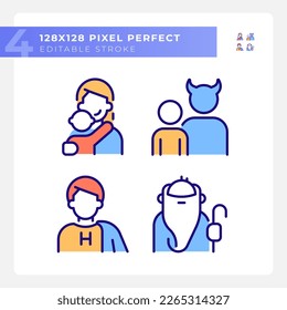 Characters pixel perfect RGB color icons set. Archetypes. Mother, hero and sage. Personality traits. Isolated vector illustrations. Simple filled line drawings collection. Editable stroke