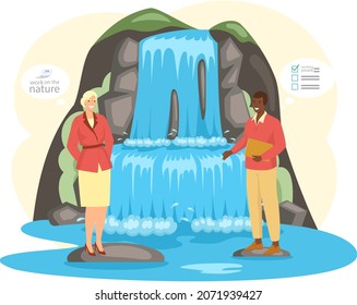 Characters plan business and solve work issues near waterfall. People make money by teleworking. Man and woman communicating and working remotely on nature. Freelance, work from anywhere in world