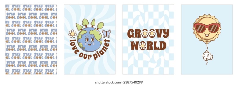 Characters Planet Earth and Sun in retro groovy style. Set of Funky cute posters. Vintage vector illustration.