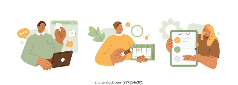 Characters planning, organizing schedule, work task, to do list, appointments. Time management, business, organization concept. Flat vector illustration isolated on white background  