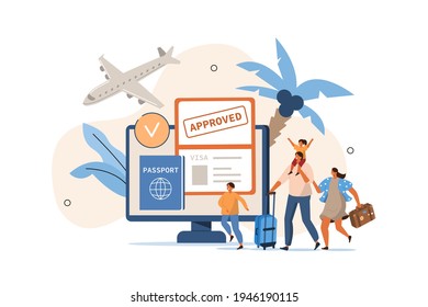 Characters Planning Travel Trip. Family Preparing Visa and Passport, Booking Flight and Hotels. Vacation and Tourism Concept. Flat Cartoon Vector Illustration.
