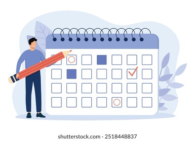 Characters planning work tasks and making schedule using calendar. Man with pencil appointing date of event and making note in calendar. Business and organization concept. Vector illustration.