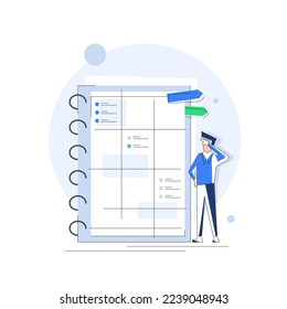 Characters planning work tasks,making schedule using calendar,Time management