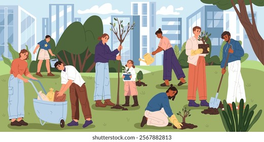 Characters planting trees and bushes in city park. Vector in flat style, eco activists or organization community caring for landscape design and greenery. Environmentally helpful and friendly people