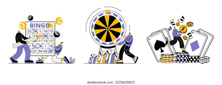 Characters play bingo, wheel of fortune, casino. Drawing of prizes. Vector illustration in linart flat style. Illustration set.