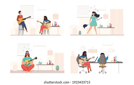 Charaktere spielen Gitarre. Eine Reihe von Illustrationen, bei denen Künstler im Büro singen und komponieren. Leute mit Gitarre am Arbeitsplatz. Gitarristen, die für das Publikum auftreten. Leute mit Gitarre erstellen Lieder