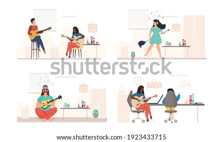 Characters play guitar. Set of illustrations with performers sing and compose in office. People with guitar at workplace. Guitarists performing for audience. People with guitar create songs