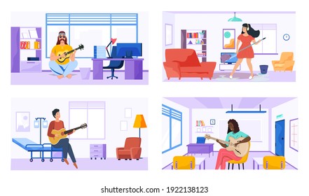 Characters play guitar and write songs. Set of illustrations with performers practice chords and compose. Composers make music. Guitarists performing for audience. People with guitar create songs