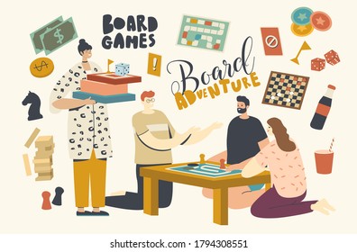 Characters Playing Board Games. Group of Young People Play Together on Weekend Sitting Around Table. Joyful Sparetime in Friends Company, Leisure, Recreation Fun, Amusement. Linear Vector Illustration