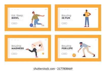 Characters Playing Bowling Landing Page Template Set. Young Men and Women Throw Ball on Lane, People Leisure, Active Lifestyle, Friends Spend Time Together in Bowling Club. Cartoon Vector Illustration