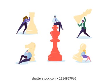 Characters Playing Chess. Business Planning and Strategy Concept. Businessman and Businesswoman with Chess Pieces. Competition and Leadership. Vector illustration