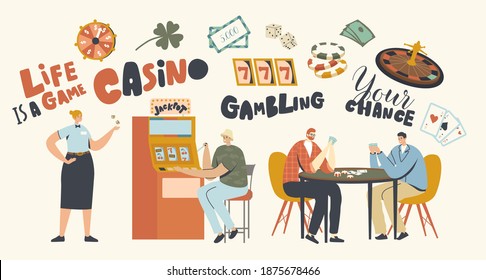 Personajes Jugando Juegos de Apuestas en Casino, Ganar Premio de Dinero Acumulado en Máquina Tragaperras y Mesa de Póquer. Gambler Player Addiction, Gamble Lifestyle, Business Industry. Ilustración de vectores de personas lineales