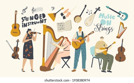 Characters Playing Music, Musicians with Stringed Instruments Performing on Stage with Violin, Harp, Guitar or Balalaika, Artist Orchestra Concert, Folk Performance. Cartoon People Vector Illustration