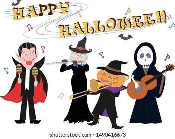 Characters playing musical instruments on Halloween day.