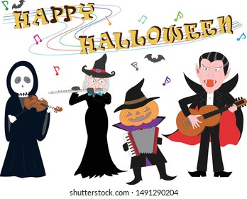 Characters playing musical instruments on Halloween day.
