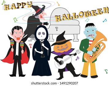 Characters playing musical instruments on Halloween day.