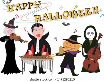 Characters playing musical instruments on Halloween day.