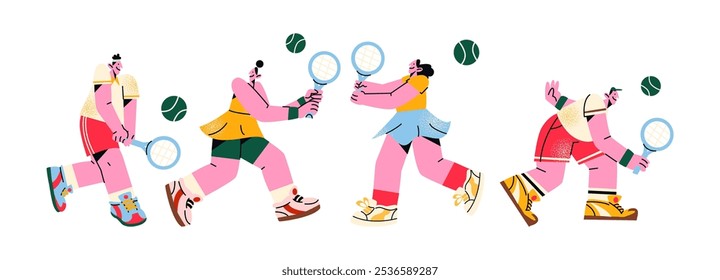 Personagens jogando tênis em roupas esportivas. Pessoas praticando esportes com uma raquete na mão e acertando a bola. Ilustração de desenho animado vetorial de atletas