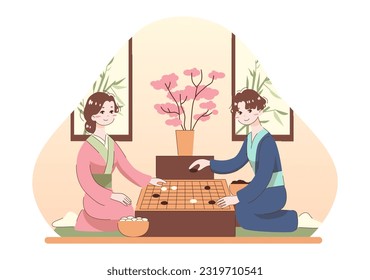 Characters playing a traditional chinese game. Gobang or Go strategy board game. Asian people in traditional clothes moving black and white stones. Flat vector illustration